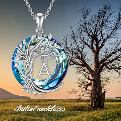 TOUPOP Gifts for Women Tree of Life Initial Necklace 925 Sterling Silver Letter Pendant with Blue Crystal Birthday Jewelry Gifts for Women Her Mom Wife Daughter - color: Tree of Life A Initial
