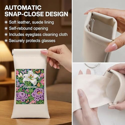Diamond Art Painting Eye Glass Bag PU Sunglasses Glasses Storage Bag Built-in Glasses Cloth Press Automatic Closure - color: Flowers
