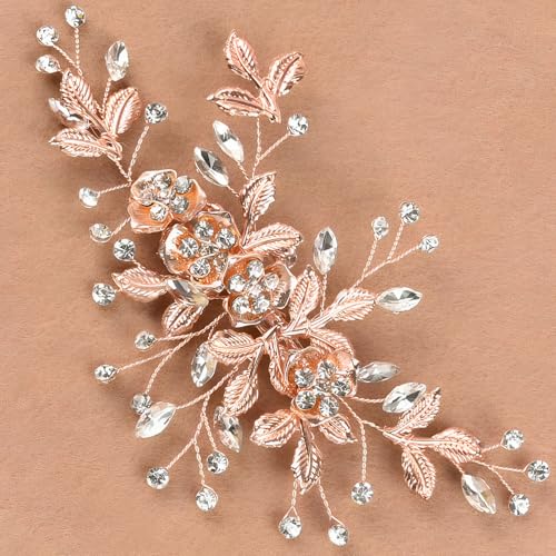 Bridal Hair Accessories Bright Rose Gold Wedding Hair Duckbill Clip for Brides, Handmade Rhinestone Hair Vine Wedding Head Pieces for Women and Bridesmaids Flower Girls, Christmas Gift - color: Bright Rose Gold