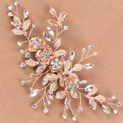 Bridal Hair Accessories Bright Rose Gold Wedding Hair Duckbill Clip for Brides, Handmade Rhinestone Hair Vine Wedding Head Pieces for Women and Bridesmaids Flower Girls, Christmas Gift - color: Bright Rose Gold