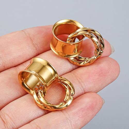 1 Pair Basic gauges+2 twisty rings Ear Tunnels Plugs 316 Stainless Steel Ear Gauges Weight Saddle Plugs Hypoallergenic expander Piercing Body Jewelry 00g 0g-1'' - color: Twisty-Gold, size: 12 mm