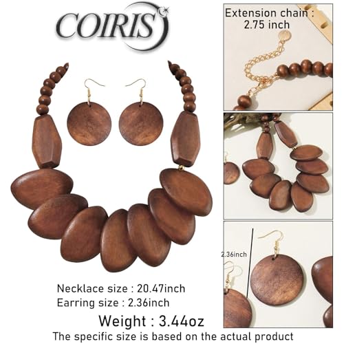Coiris Chunky Wooden Necklace and Earring Set for Women Boho Statement Jewelry Ethnic Accessories - color: Brown