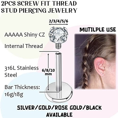 PunkTracker 16g/18g Surgical Steel Internal Thread CZ Stud Piercing Jewelry | for Tragus/Nose/Helix/Conch/Medusa/Lip/Labret - Helix Tragus Cartilage Earring for Women Men 2PCS - style: silver, 16g, 8mm bar, 3mm gem