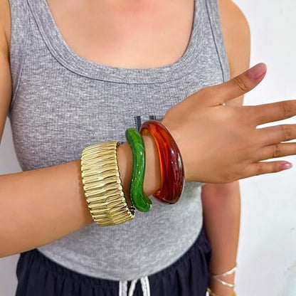 2PCS Chunky Acrylic Bracelet for Women Large Square Resin Cuff Vintage Open Bangle Bracelets Wide Geometric Jewelry - style: B - Gold+Red+Beige