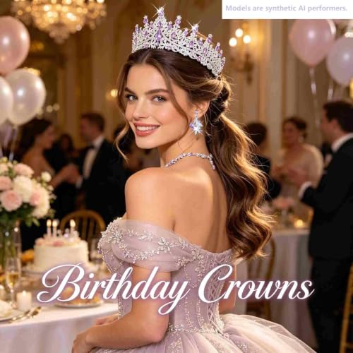 Kamirola Tiaras and Crowns for Women,Tiaras Earrings Necklace, Crystal Bridal Jewelry Set, Costume Jewelry for Women Party Halloween Prom Pageant - color: SILVER PURPLE