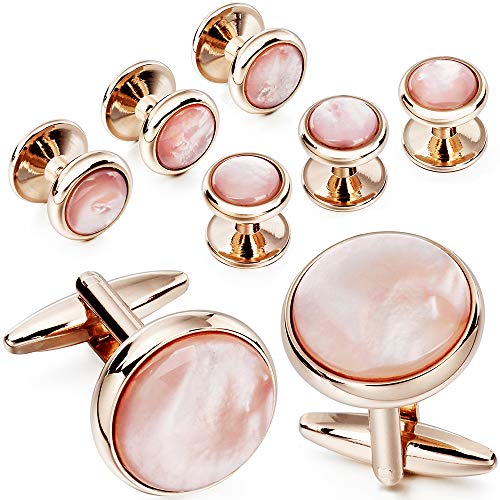 HAWSON Cufflinks and Tuxedo Studs Set for Men with Gift Box, Mother-of-Pearl Cuff links for French Cuff Shirt and Dress Shirt, Suitable for Wedding, Birthday, Party - style: Rose Gold & Pink Mother of Pearl
