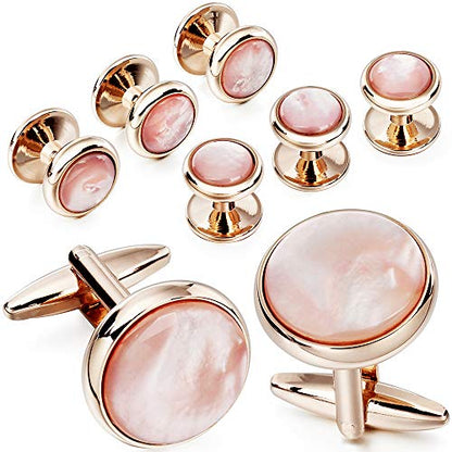 HAWSON Cufflinks and Tuxedo Studs Set for Men with Gift Box, Mother-of-Pearl Cuff links for French Cuff Shirt and Dress Shirt, Suitable for Wedding, Birthday, Party - style: Rose Gold & Pink Mother of Pearl