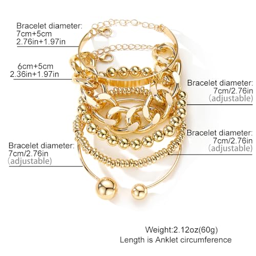Golden Bangle Bracelets Set for Women, 14k Gold-Plated Multi Layer Stackable Cuff Bracelets, Personalized Boho Non Tarnish Adjustable Bangle Jewelry Gift for Her - color: 5PCS Golden Cuban Link Chain