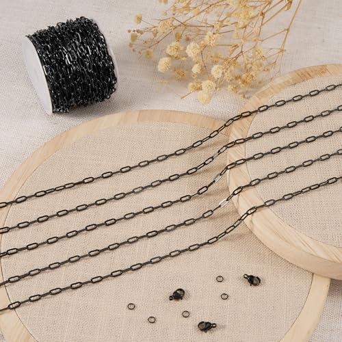 5 Meters Stainless Steel Chain for Jewelry Making Small Paperclip Links | Black Paper Clip Chains Bulk on Roll with Jewelry Connectors for Necklace Bracelet Crafts DIY - color: black paperclip