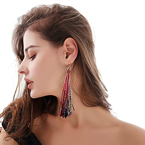 Bohemian Feather Dangle Earrings for Women with Shell Beads Long Tassel Design Drop Earrings - style: Boho-tassel