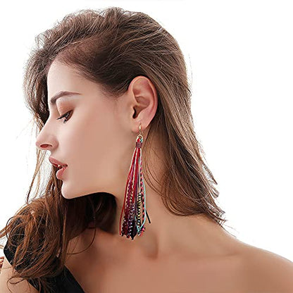 Bohemian Feather Dangle Earrings for Women with Shell Beads Long Tassel Design Drop Earrings - style: Boho-tassel