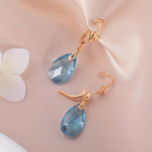 Austrian Crystal Teardrop Leverback Dangle Earrings for Women Fashion 14K Gold Plated Hypoallergenic Jewelry - color: Aquamarine