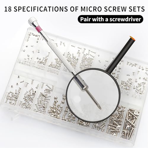 500-Piece Silver Micro Screw Repair Kit 18-Size Stainless Steel Tiny Screws with Screwdriver for Glasses, Watches, Jewelry & Electronics