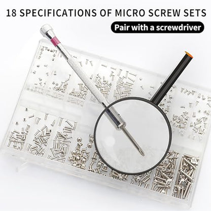 500-Piece Silver Micro Screw Repair Kit 18-Size Stainless Steel Tiny Screws with Screwdriver for Glasses, Watches, Jewelry & Electronics