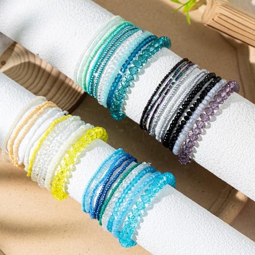 Bohemian Colorful Crystal Glass Beads Seed Beaded Bracelet Handmade Adjustable Stackable Elastic Strand Bangle for Women Summer Beach Hawaii Boho Wristbands Jewelry - color: lake blue