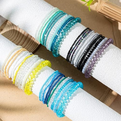 Bohemian Colorful Crystal Glass Beads Seed Beaded Bracelet Handmade Adjustable Stackable Elastic Strand Bangle for Women Summer Beach Hawaii Boho Wristbands Jewelry - color: lake blue