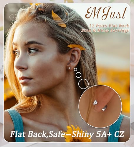 MJust 18 Pairs Earrings Set – Flat Back Stud Hypoallergenic 20G Steel stud | 18 Pairs Flat Back Earrings Set – Hypoallergenic 316L Steel Studs for Cartilage & Lobe Piercings - color: Silvery-11P