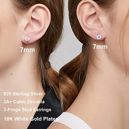 Jiamiaoi 18K White Gold Plated Stud Earrings 925 Sterling Silver Round and Square Cut Princess Cut 5A+ Cubic Zirconia Stud Earrings 4mm to 8mm Fashion Jewelry for Men Women - color: C-White-Three Prongs, size: 5mm
