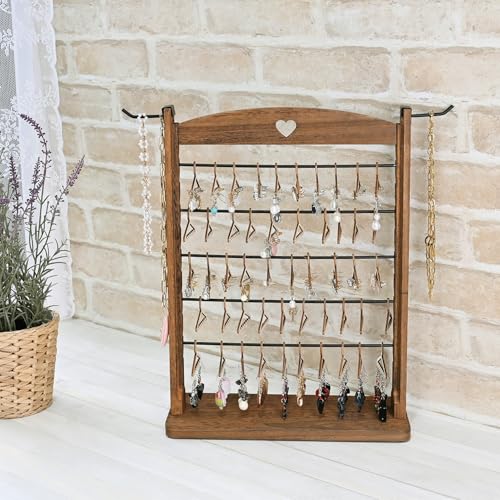 Ikee Design Wooden 120 pairs Earrings Display Stand, Jewelry Necklace Display Rack, Jewelry Organizer with 60 Mini Hangers and 2 Removable Hooks, Brown Color, 12.2W x 4.7D x 16.3H in