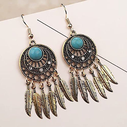 Boho Turquoise Feather Tassel Crescent Moon Dangle Earrings - Hypoallergenic, Leaf Bohemian Drop Earrings for Women - color: Gold
