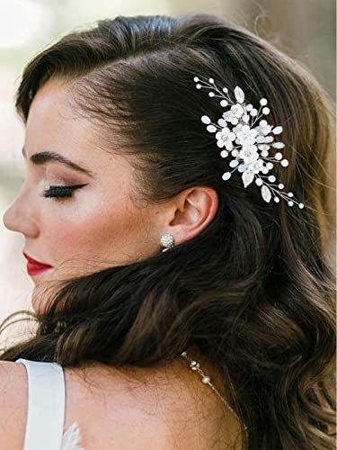Flower Wedding Hair Clip Silver Pearl Bridal Hair Barrettes Rhinestones Hair Piece for Women and Brides