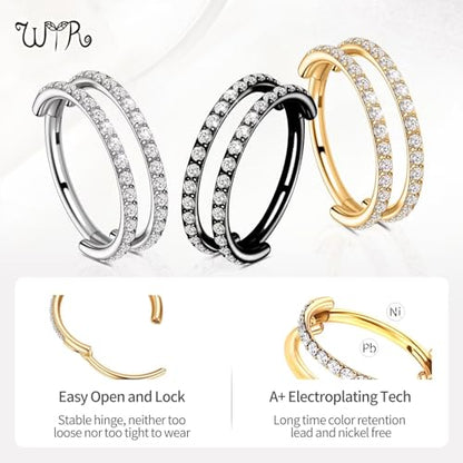 G23 Titanium Conch Piercing Jewelry Hoop: 16G 8mm/10mm/12mm Diamond Cartilage Earring Helix Double Piercing Hoop Septum Rings Hypoallergenic Nose Rings Hinged Segment Clicker Lip Rings Rook Daith Tragus Earrings - color: Gold-Double Layers, Two Rows CZ