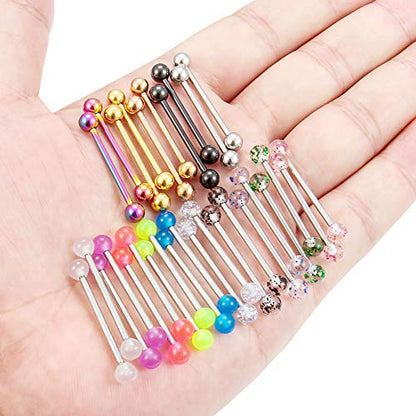 SCERRING 15 Pairs 16G 14G Stainless Steel Tongue Barbell Ring Nippleings Nipple Rings Shinny Acrylic Glow in Dark Balls Body Piercing Jewelry Retainer 14mm 16mm 19mm 22mm - style: 30PCS - 14G 22mm
