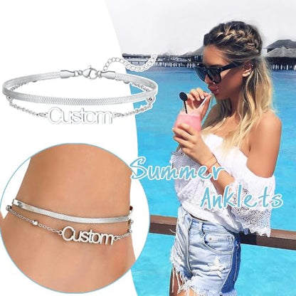 U7 Custom Layered Ankle Bracelets for Women Stainless Steel Bead/Cuban/Figaro/Rope/Wheat Chain Anklet Waterproof Anklet Jewelry for Beach Vacation - color: b-Silver-Herringbone Chain