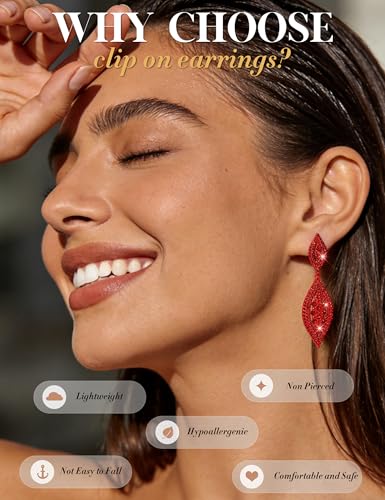 THUNARAZ Clip on Earrings for Women Non Pierced Glitter Rhinestone Crystal | Clip-On Earrings, Wedding Bridal Earrings, Non Pierced Ears, Dangle Earrings, Fake Earrings, Fashion Jewelry - color: Red
