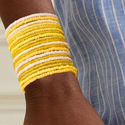 16-30Pcs Handmade Bohemian Colorful Crystal Seed Beads Stackable Adjustable Elastic Stretch Multilayerd Bracelets for Women Summer Vacation Beach Boho Bangle Jewelry - color: yellow