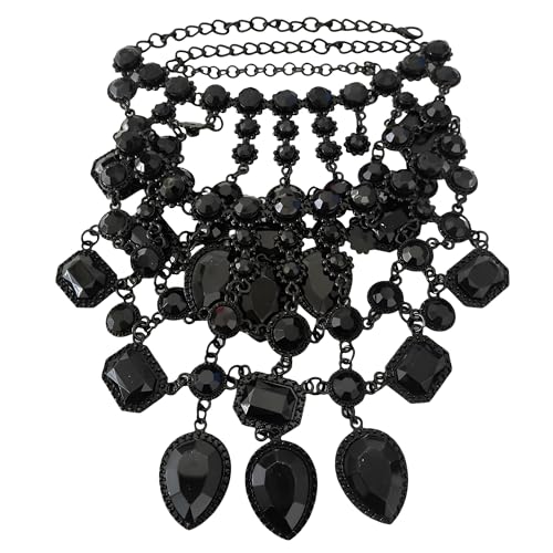 925 Sterling Silver Bib Jewelry Sets For Women - ZA Indian Ethnic Round Water Drop Crystal Tassel Necklace Earrings Jewelry Sets Statement Large, Chunky Rhinestone Necklace - color: Black - Bib Necklace