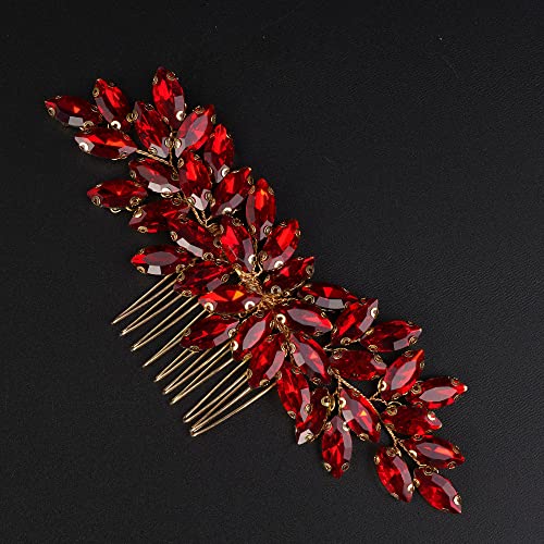 Teyglen Dainty Simple Full Red Rhinestones Bride Wedding Hair Comb Luxurious Hair Accessories Shiny Rhinestones Bridal Side Hair Combs for Women Bride Girls (Red) - color: Red