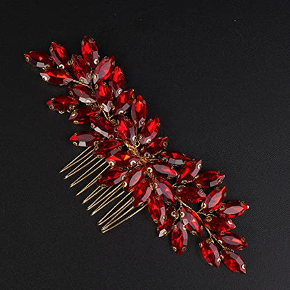 Teyglen Dainty Simple Full Red Rhinestones Bride Wedding Hair Comb Luxurious Hair Accessories Shiny Rhinestones Bridal Side Hair Combs for Women Bride Girls (Red) - color: Red