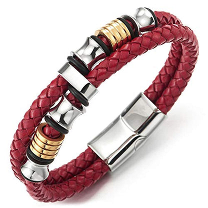 COOLSTEELANDBEYOND Mens Double-Row Braided Leather Bracelet Bangle Wristband with Black Stainless Steel Ornaments - color: D-Red Silver
