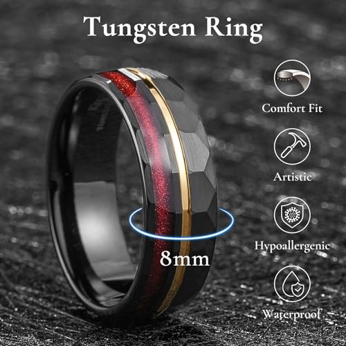 King Will Black Tungsten Rings for Men Hammer Wedding Band | Black, Grooved, Hammer Wedding Band Gold Groove, Sand Inlay, Everyday Wear - color: Black & Red Sand Inlay