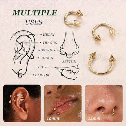 G23 Titanium 14/16/18/20G Septum Rings Horseshoe Nose Ring Jewelry | 2/3Pcs Circular Barbell Spike Lip Body Piercing Jewelry Conch Helix Tragus Earring Silver/Black 8/10/12mm 14K Gold Plated - color: Gold-3pcs, size: Spike-3pcs-16g-8/10/12mm