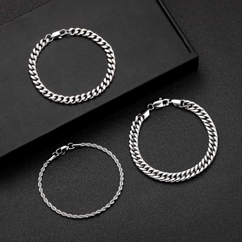 Yoosteel Silver Stackable Bracelets Stack for Men Non Tarnish | Stainless Steel Bracelet Stack, Cuban Rope Figaro Link Chain Bracelets Set, Men Trendy Jewelry Gifts, 3PCS, 7.5/8.3/9.0"