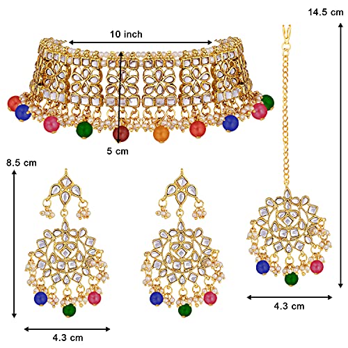 Aheli Elegant Indian Faux Kundan Studded Choker Necklace with Maang Tikka Set Ethnic Wedding Wear Bharatanatyam jewellery set Gift for Women - color: Multicolor