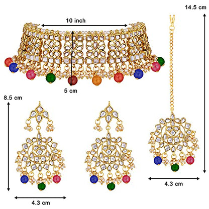 Aheli Elegant Indian Faux Kundan Studded Choker Necklace with Maang Tikka Set Ethnic Wedding Wear Bharatanatyam jewellery set Gift for Women - color: Multicolor