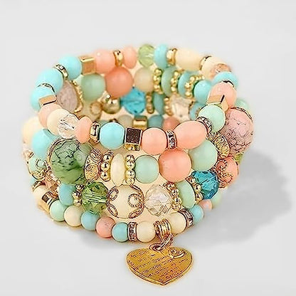 Women Beaded Bracelet Set | Colorful Boho Stackable Trendy Design with Crystal Accents Multilayer Bangle Bracelet | Fashion Stretch Braclets Jewelry for Women - color: Light Green