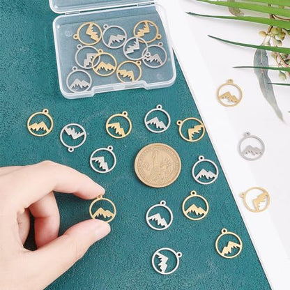 UNICRAFTALE Mountain Charms Flat Round with Mountain Dangle Pendants Stainless Steel Pendants Hypoallergenic Hollow Charms for Outdoor Lovers Hikers Skiers Climbers - style: Round Mountain