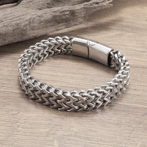 Stainless Steel Double Row Braided Cuban Chain Bracelet Men Jewelry | Bracelet Double Row Square Chain Men's Hip Hop Fashion Party Gold and Silver Chain - Gift for Husband, Son, Father - color: silvery, size: 21cm