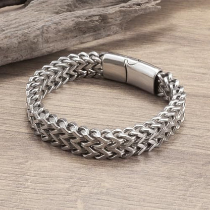 Stainless Steel Double Row Braided Cuban Chain Bracelet Men Jewelry | Bracelet Double Row Square Chain Men's Hip Hop Fashion Party Gold and Silver Chain - Gift for Husband, Son, Father - color: silvery, size: 21cm