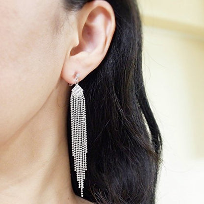 Dangle Silver Invisible Clip On Earrings for Women Not Pierced Gold Crystal Rhinestone Comfortable Hoop Fringe Long Chain Clip On Earrings - color: Fringe Silver 1