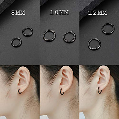 Black Hoop Earrings for Men 8mm 10mm 12mm – Surgical Stainless Steel Hypoallergenic Mens Small to Medium Hoop Earrings Set (3 Pairs) - style: k:1pair,size:8mm,color:black