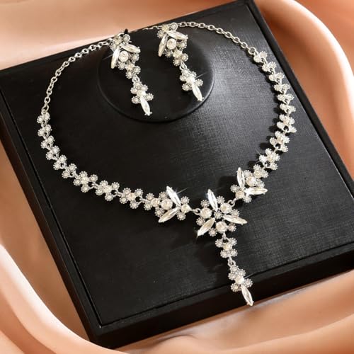 Wedding Jewelry Sets for Brides Rhinestone Necklace and Earring Set Bracelet Ring Gold Silver Prom Jewelry Sets Diamond Flower Teardrop Necklace for Women - color: Style5-Clear