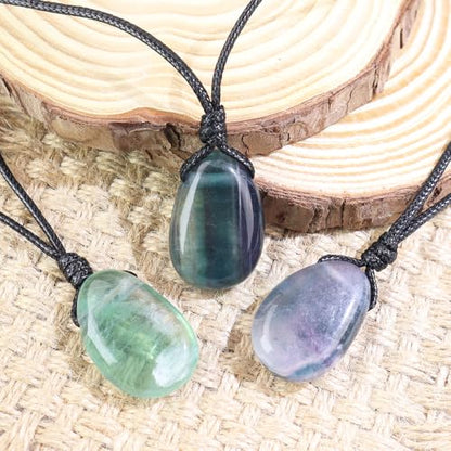 FANASY Natural Gemstone Pendant Necklace Healing Crystal Stone Choker Necklace Adjustable Waxed Black Rope for Women Men - color: Fluorite