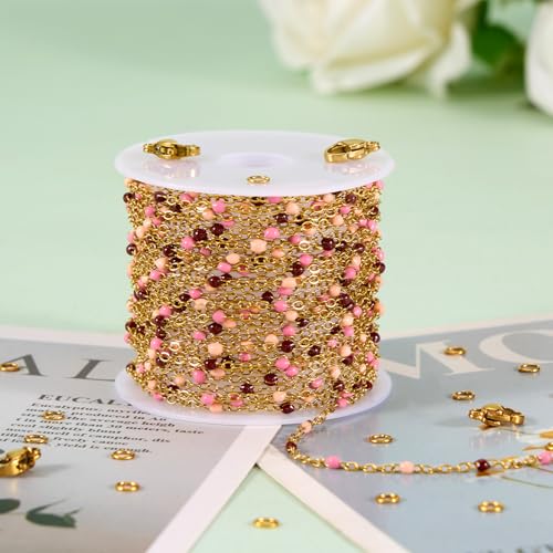 KYUNHOO 5M Stainless Steel Gold Chain for Jewelry Making Thin Cable Links | 16.4 Feet Colorful Beaded Chains with Clasps Jewelry Findings for Necklace Bracelet Crafting - color: gold-purple pink