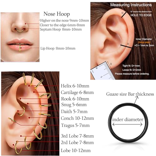 2Pcs Titanium Nose Rings 20G 18G 16G 14G Nose Rings Hoops Diameter 5mm to 12mm Silver-Gold-Rose Gold-Black Cartilage Helix Tragus Daith Rook Hoop Earrings Hinged Segment Septum Clicker Body Piercing Jewelry - color: Black