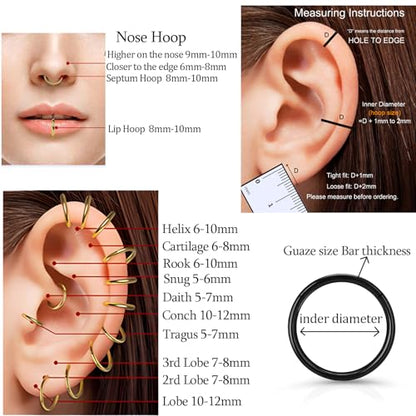 2Pcs Titanium Nose Rings 20G 18G 16G 14G Nose Rings Hoops Diameter 5mm to 12mm Silver-Gold-Rose Gold-Black Cartilage Helix Tragus Daith Rook Hoop Earrings Hinged Segment Septum Clicker Body Piercing Jewelry - color: Black